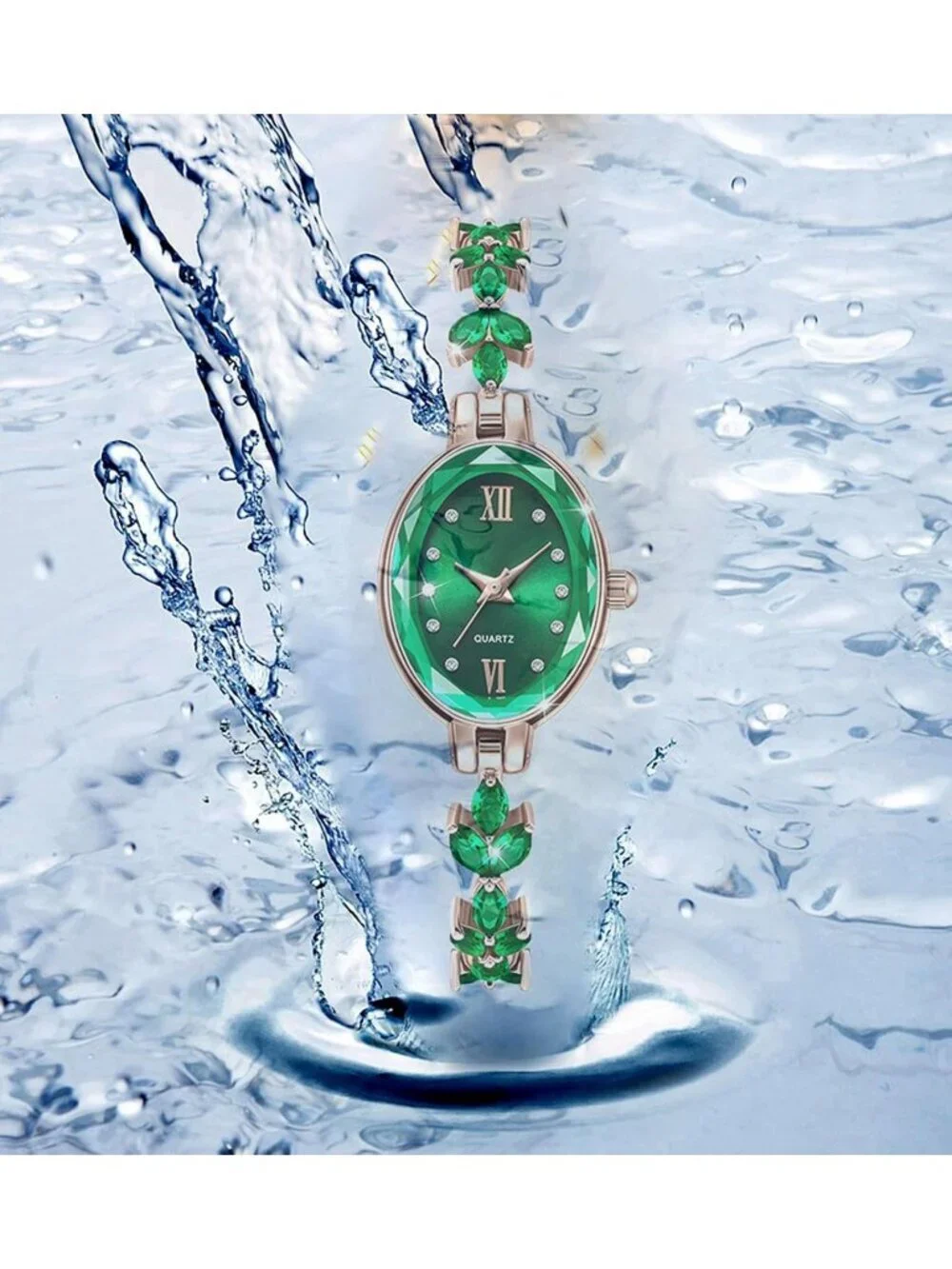 Women Rose Gold Green Analog Quartz Petal Casual Bracelet Simulated Luxury Watch